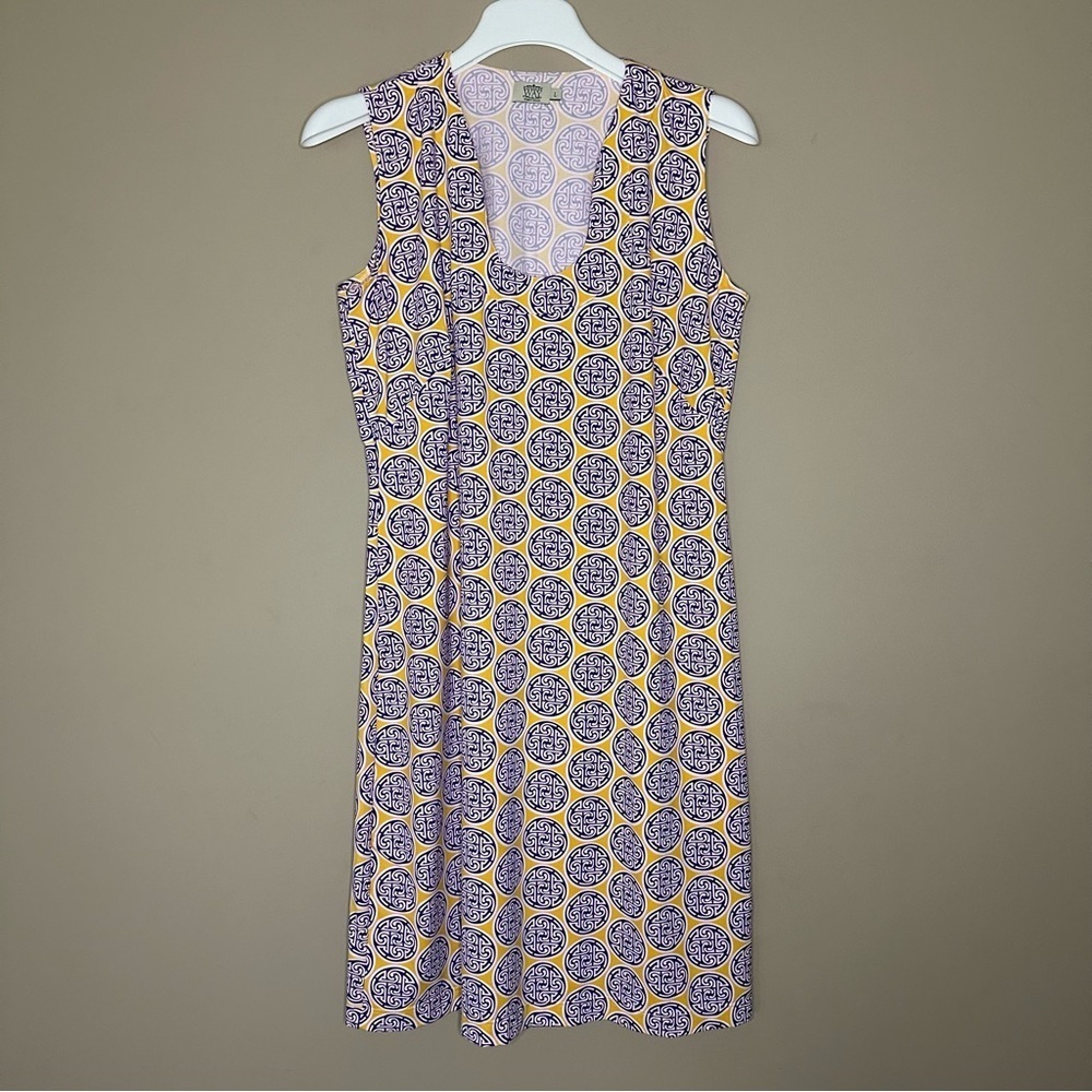 Katherine Way Purple Gold Dress Stretchy Sleeveless Women L Preppy Golf Casual